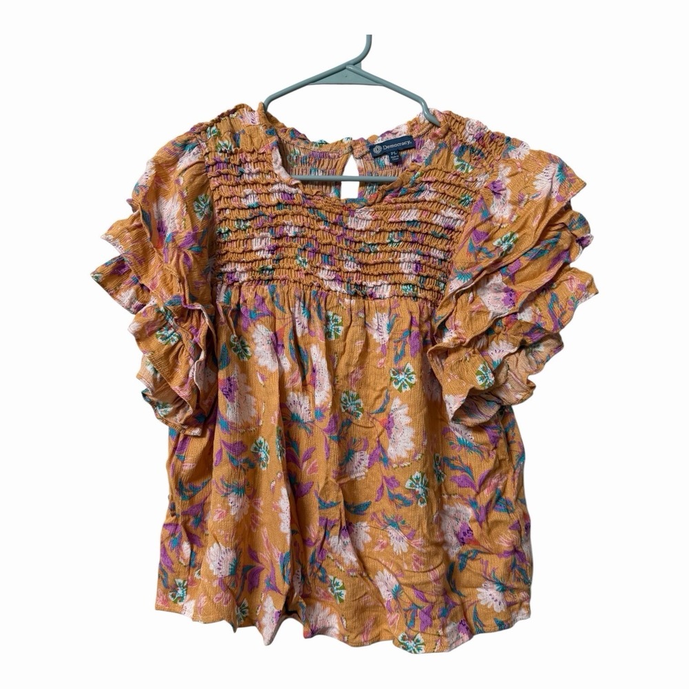 Democracy Women's Floral Smocked Flutter Sleeve Blouse Boho Peasant Top